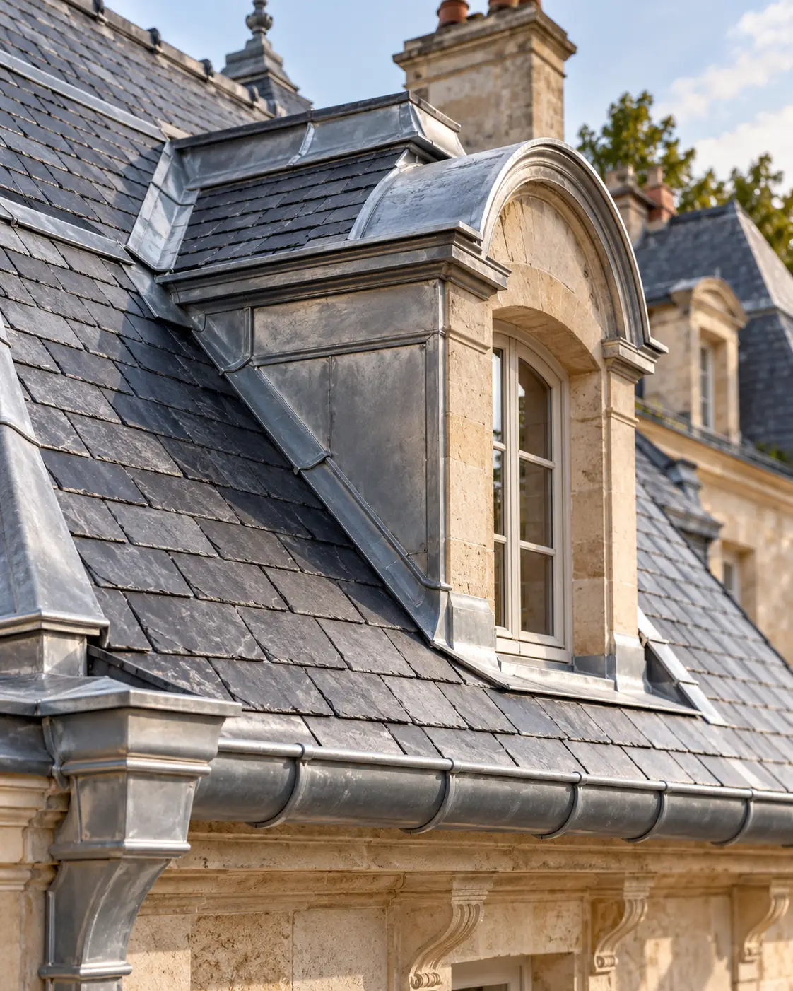 Lucarne en zinc sur toit d’ardoise